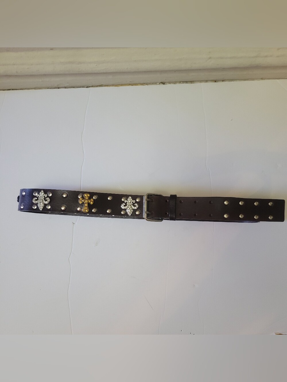 Western Studded Brown Leather Belt with Crystal Accents EUC L Cowboy Rodeo
